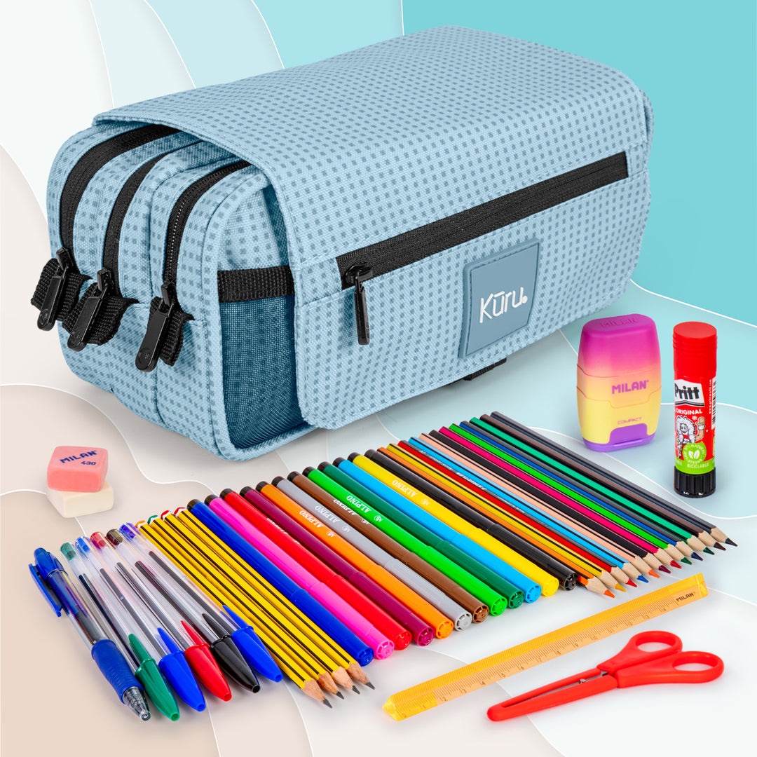 ColePack Kūru 2022 - Estuche Triple de 3 Cremalleras con Material Escolar Incluido. Azul