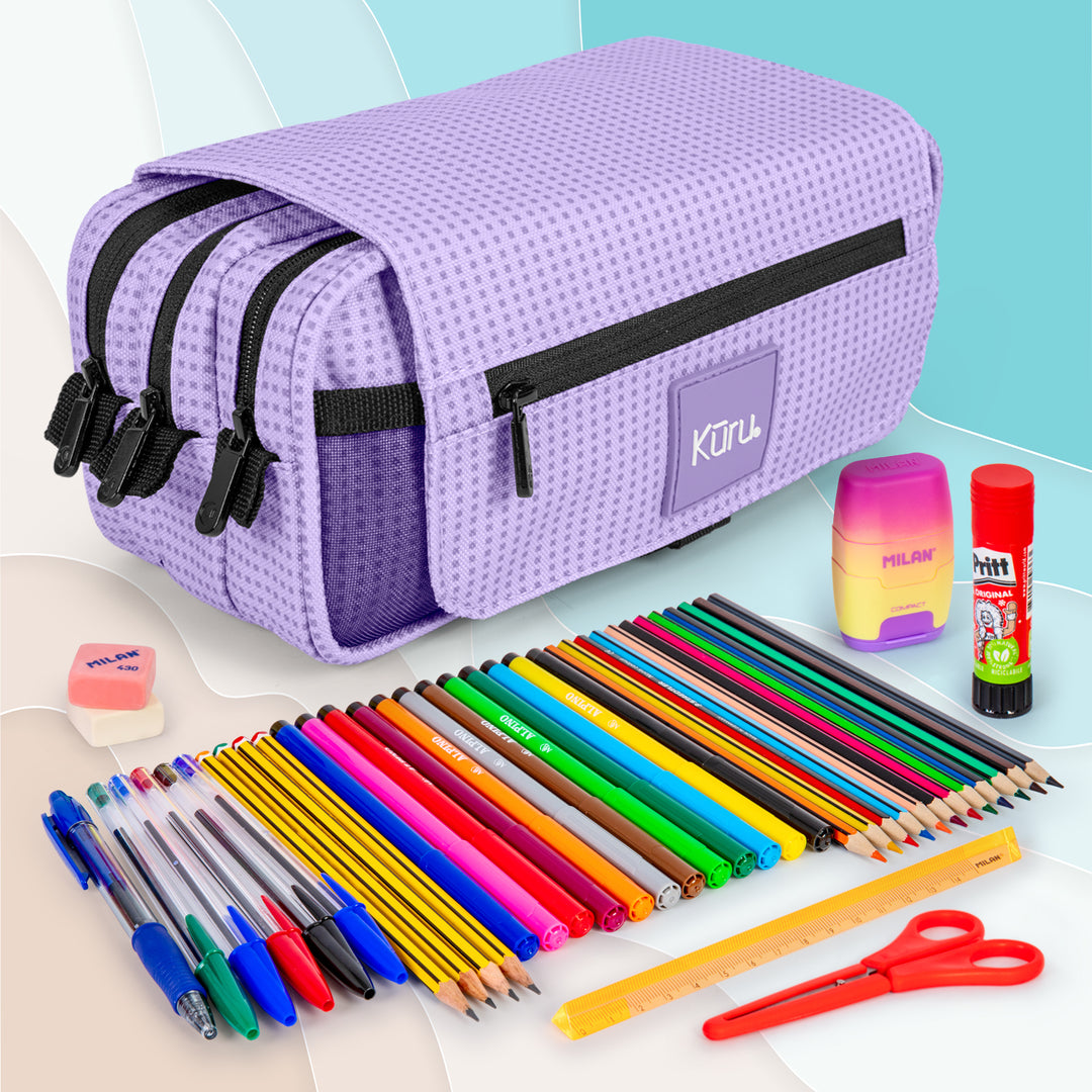 ColePack Kūru 2022 - Estuche Triple de 3 Cremalleras con Material Escolar Incluido. Lavanda