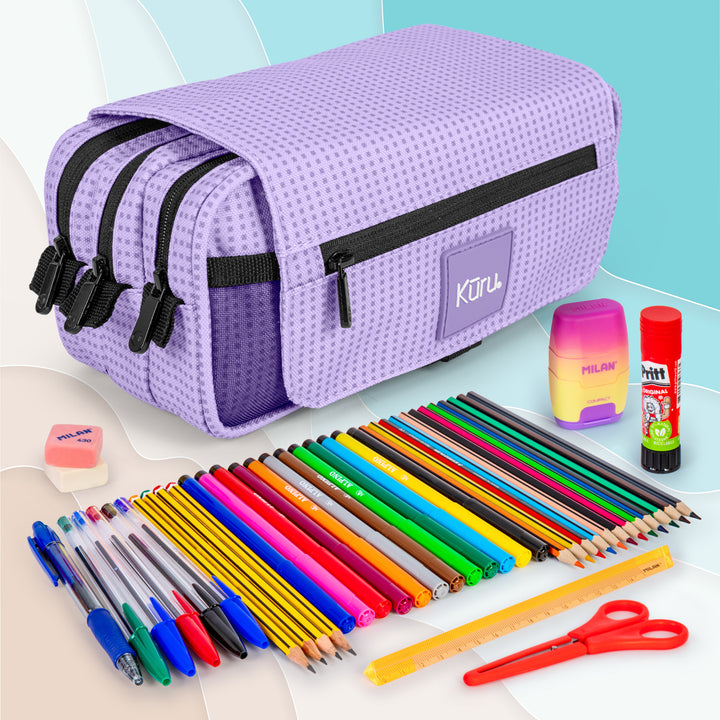 ColePack Kūru 2022 - Estuche Triple de 3 Cremalleras con Material Escolar Incluido. Lavanda