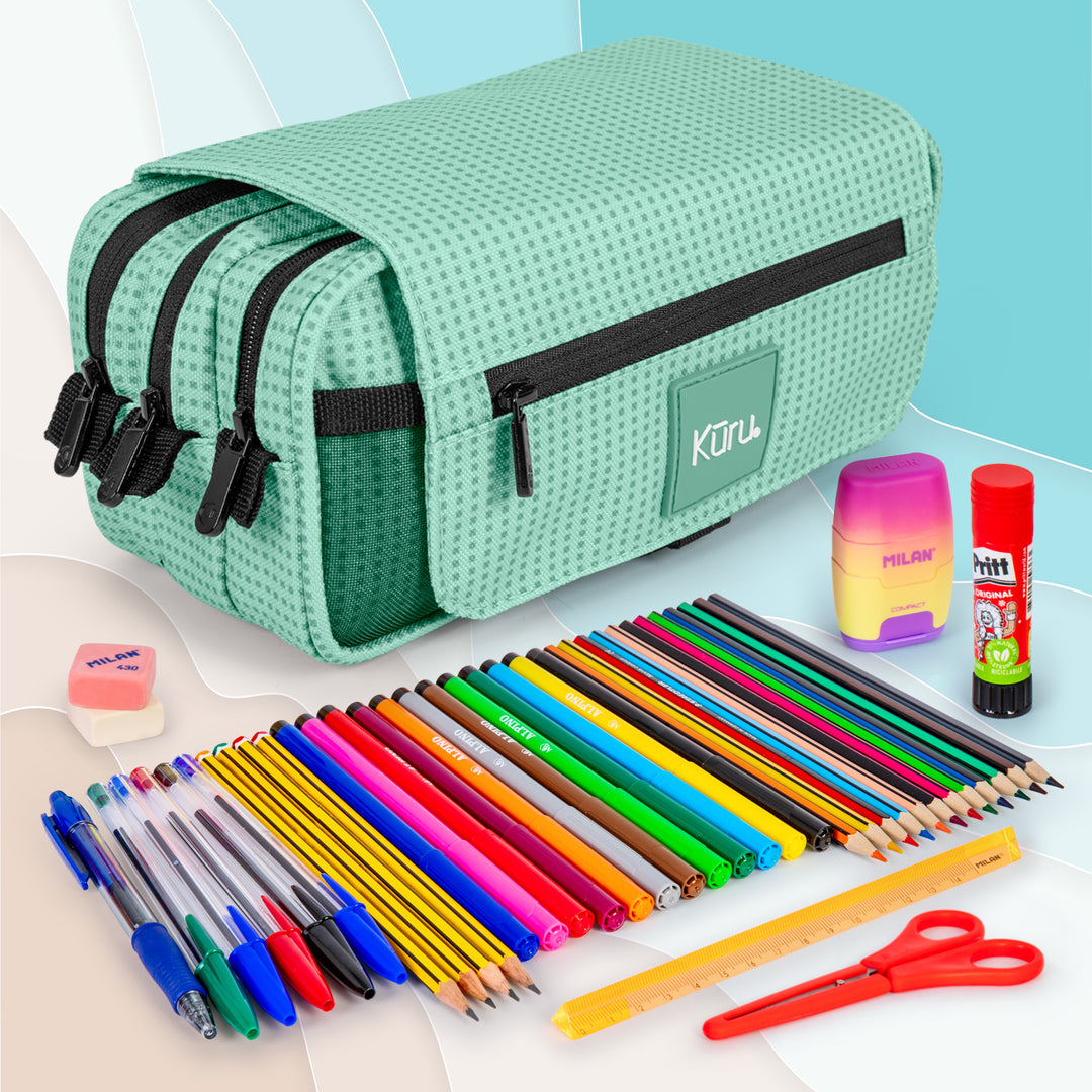 ColePack Kūru 2022 - Estuche Triple de 3 Cremalleras con Material Escolar Incluido. Menta