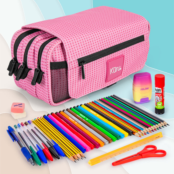 ColePack Kūru 2022 - Estuche Triple de 3 Cremalleras con Material Escolar Incluido. Rosa