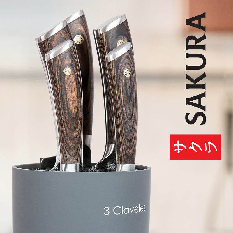 3 Claveles Sakura - Juego Premium de 3 Cuchillos Acero Forjado con Hoja Martilleada