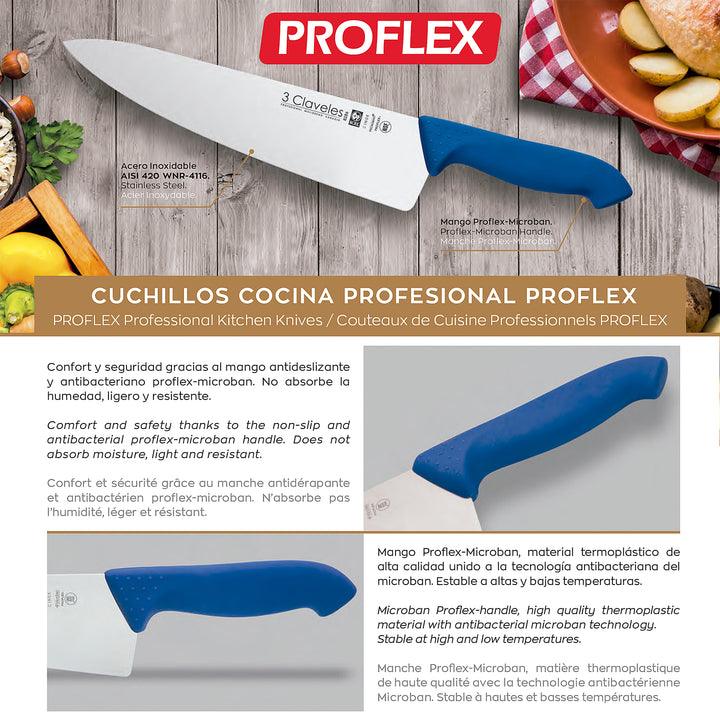 3 Claveles Proflex - Cuchillo Profesional Cocinero Ancho 30 cm Microban. Azul