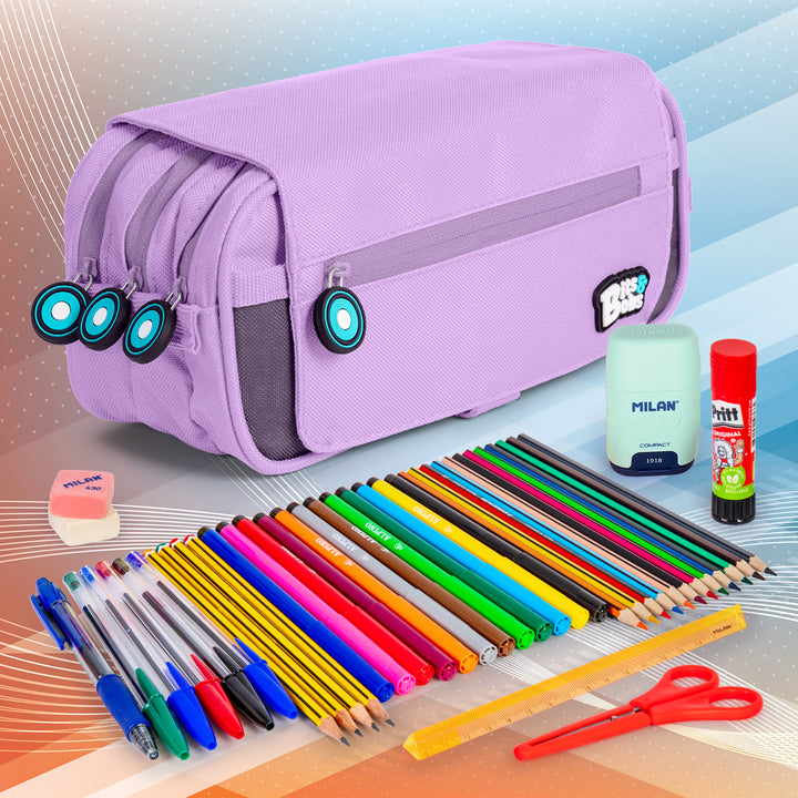 Grafoplás - Estuche Portatodo Triple con Solapa para Material Escolar. Lavanda