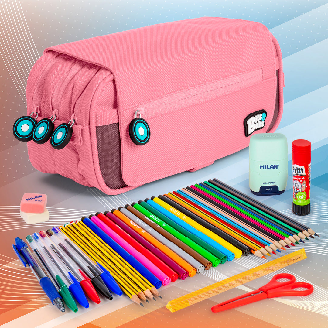 Grafoplás - Estuche Portatodo Triple con Solapa para Material Escolar. Rosa Claro