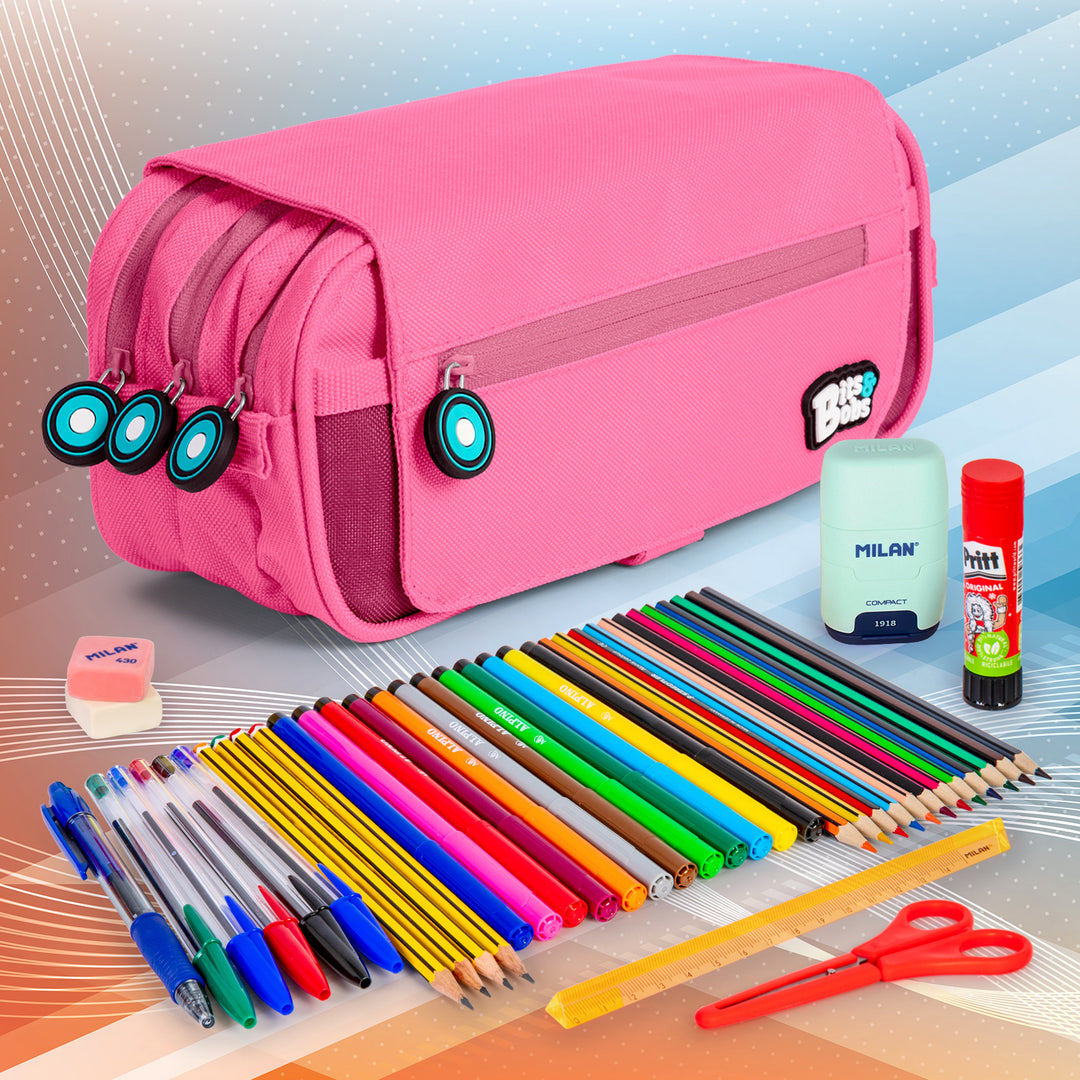 Grafoplás - Estuche Portatodo Triple con Solapa para Material Escolar. Rosa