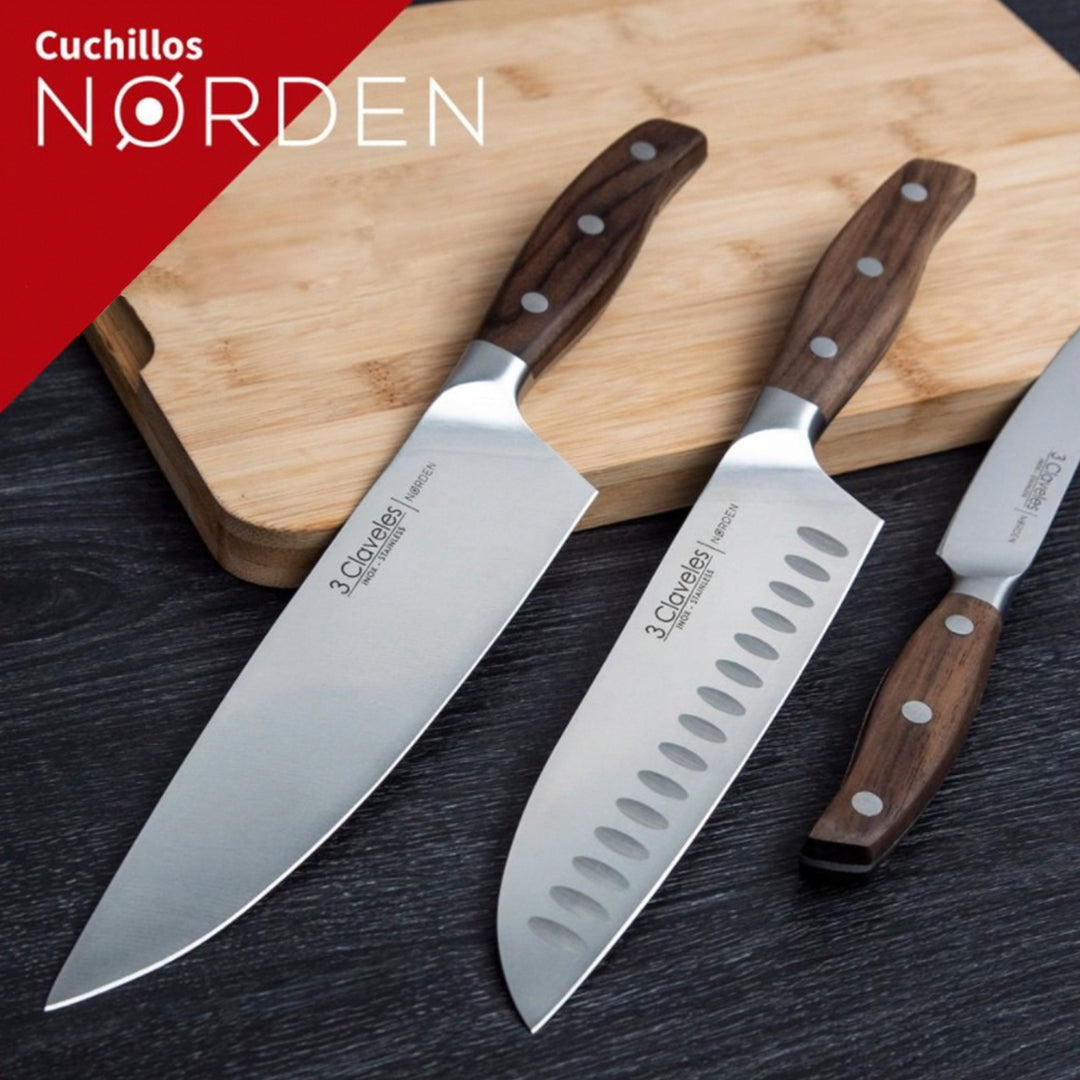 3 Claveles Norden - Cuchillo Santoku Profesional 17.5 cm Acero Forjado y Mango de Roble