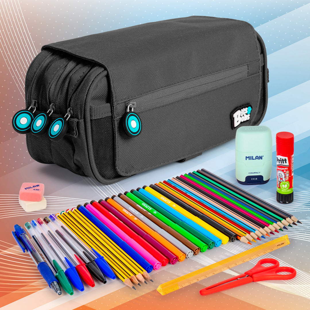 Grafoplás - Estuche Portatodo Triple con Solapa para Material Escolar. Negro