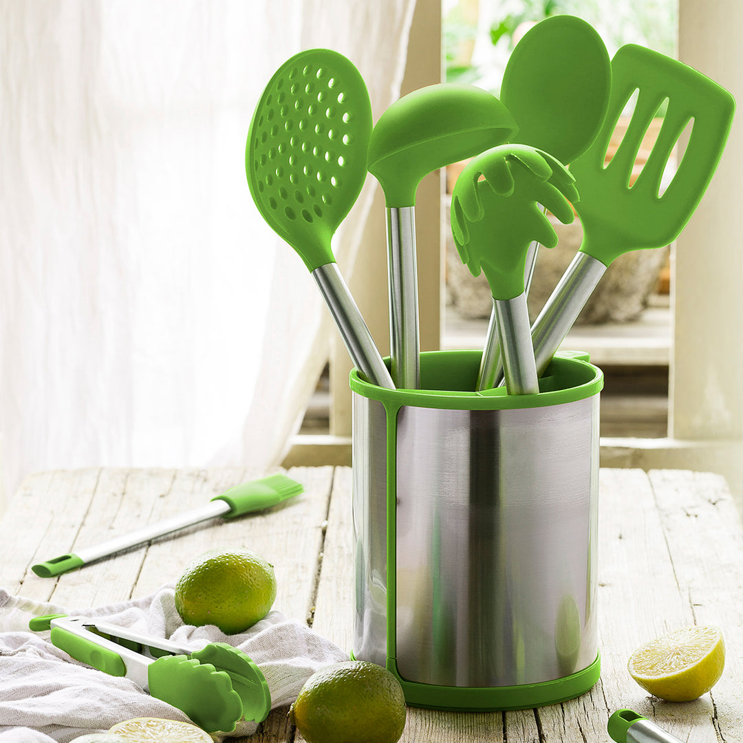 BRA Prior - Lote de 5 Utensilios de Cocina en Silicona con Soporte Giratorio Incluido