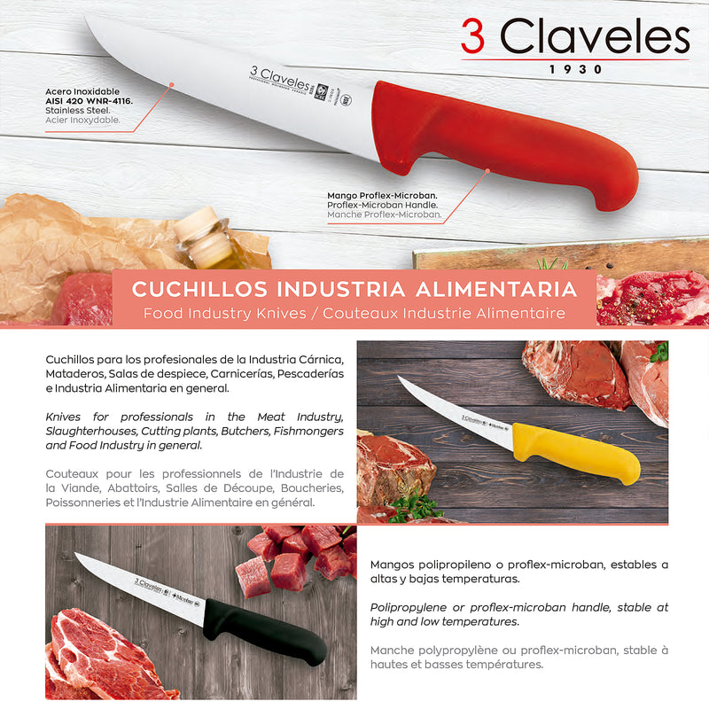 3 Claveles Proflex - Cuchillo Profesional Carnicero Ancho 24 cm Microban. Amarillo
