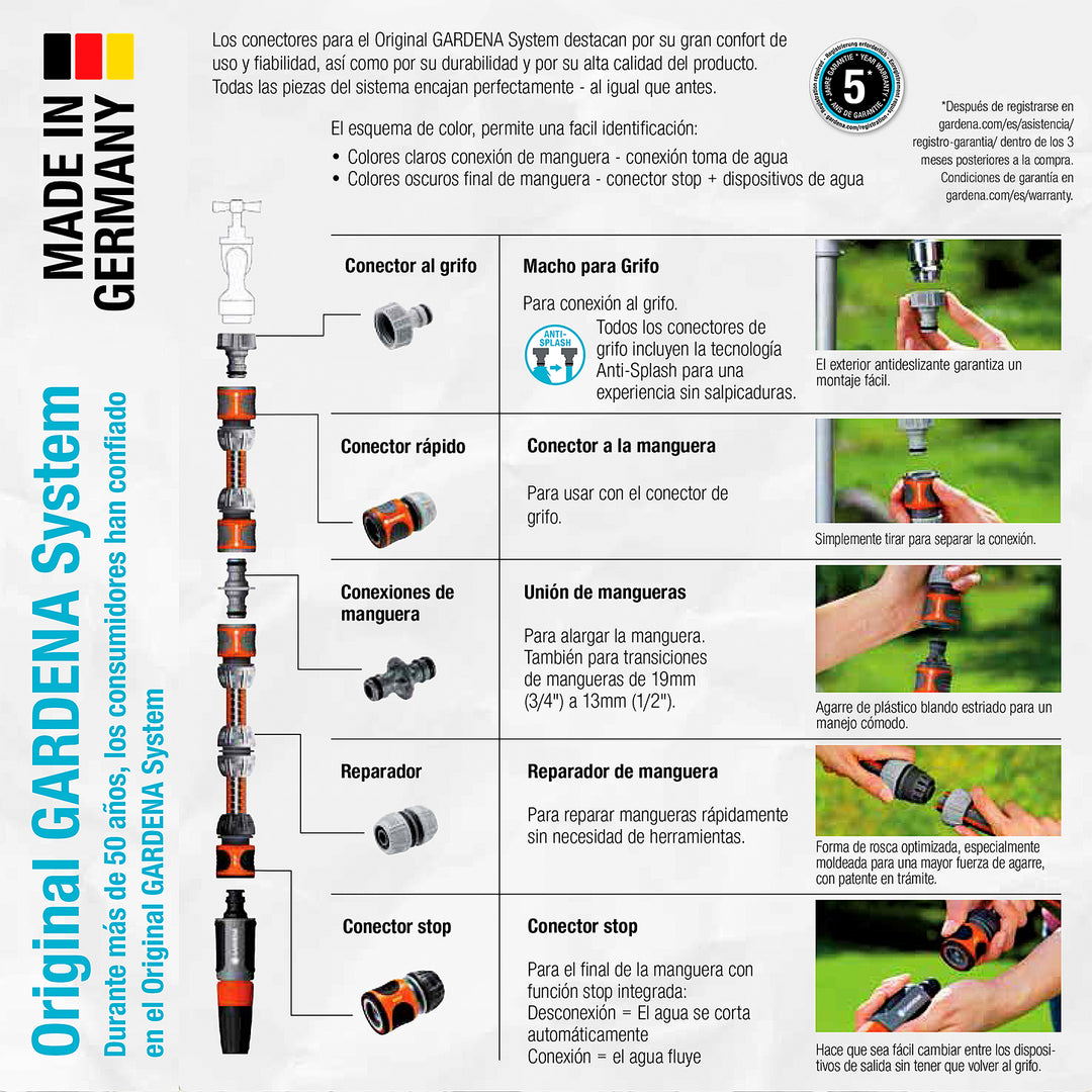 GARDENA - Juego Universal de Conectores y Boquilla para Mangueras de 1/2" y 5/8"