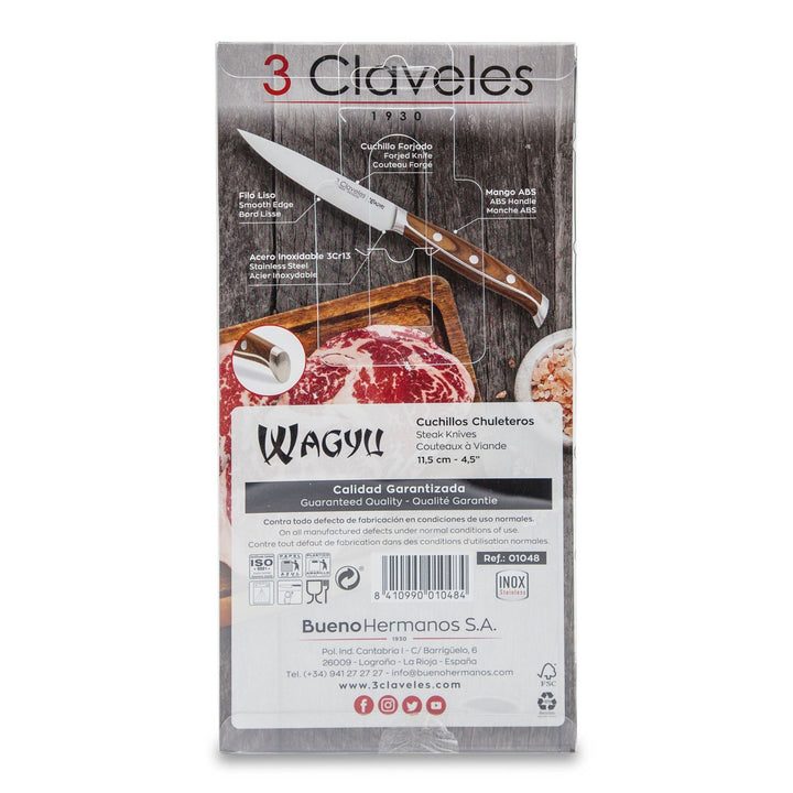 3 Claveles Wagyu - Set de 4 Cuchillos Chuleteros 11.5 cm en Acero Inoxidable