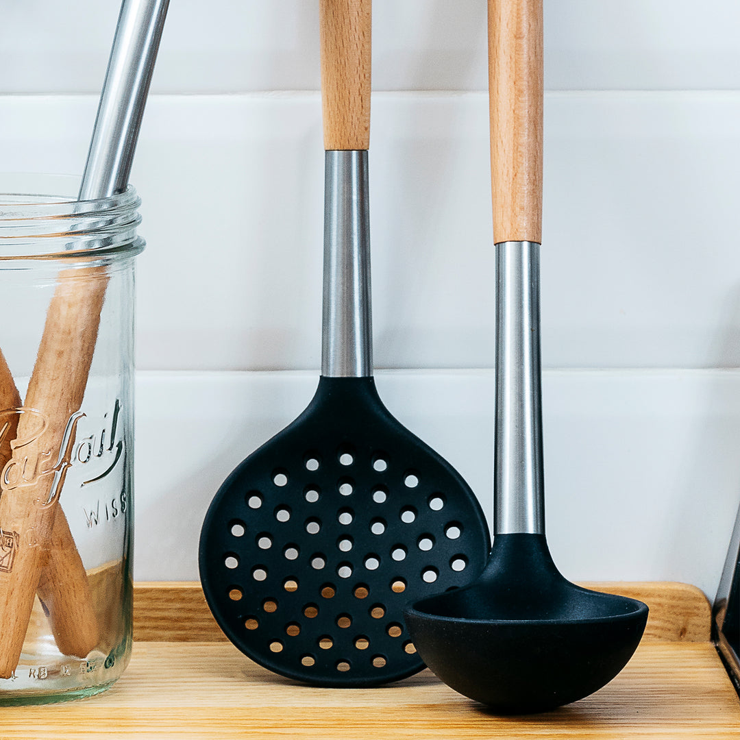 BRA Market - Cuchara de Pasta en Acero Inoxidable, Silicona y Madera de Haya