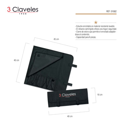 3 Claveles - Estuche de Loneta Profesional Enrollable con Velcro para 6 Cuchillos