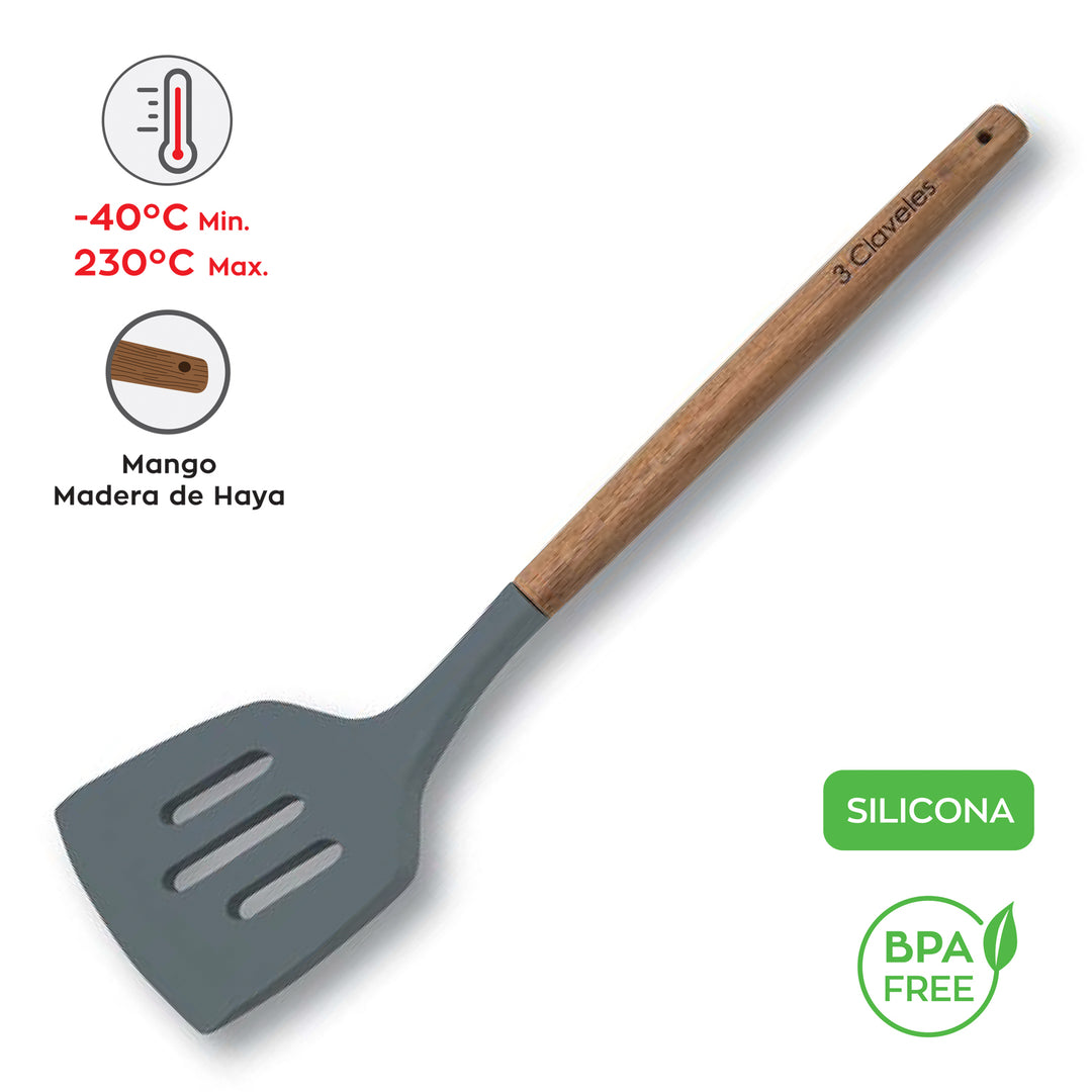 3 Claveles - Pack de 5 Utensilios de Cocina en Silicona con Mango de Madera de Haya