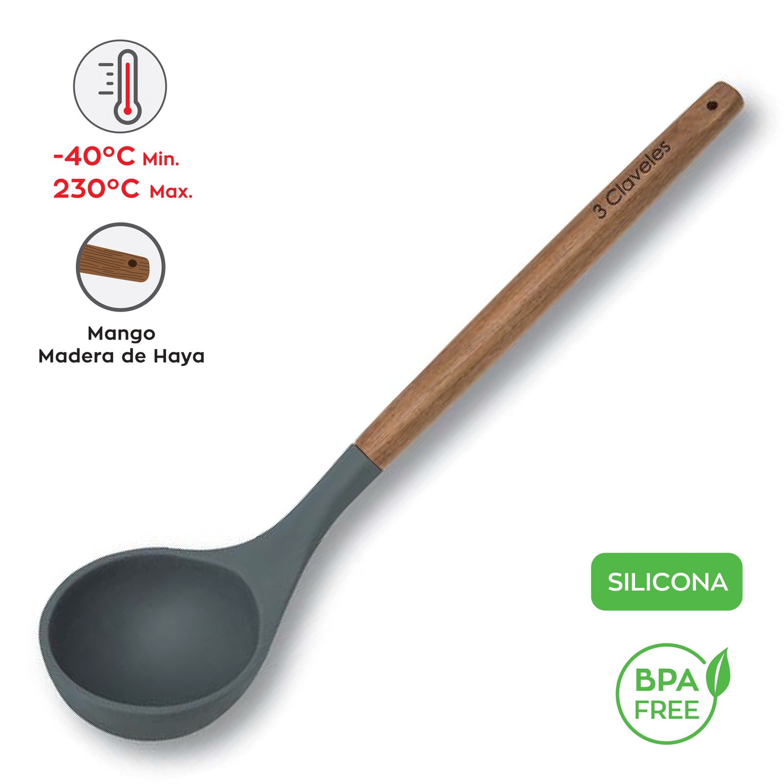 3 Claveles - Cazo de Silicona con Mango de  Madera de Haya