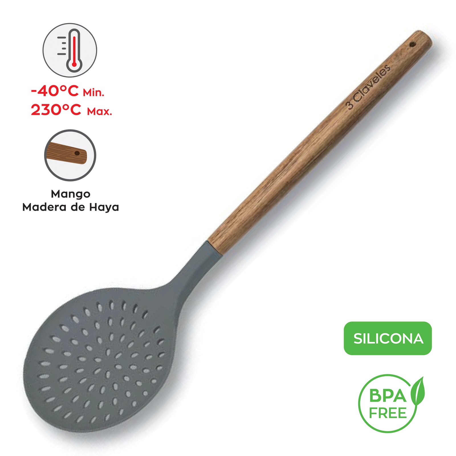 3 Claveles - Espumadera de Silicona con Mango Madera de Haya