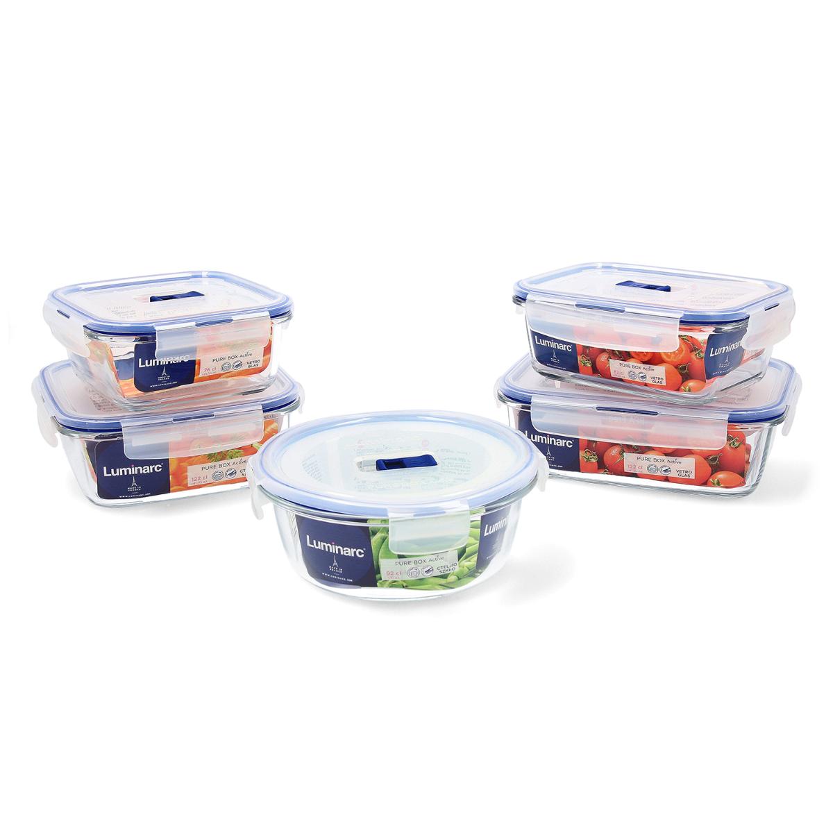 Luminarc Pure Box Active Set 5 recipientes herméticos de Vidrio, Extra  Resistentes, Sin BPA, Válvula para microondas, 0,76 + 0,82 + 0,92 +  (2x1,22) L : : Hogar y cocina