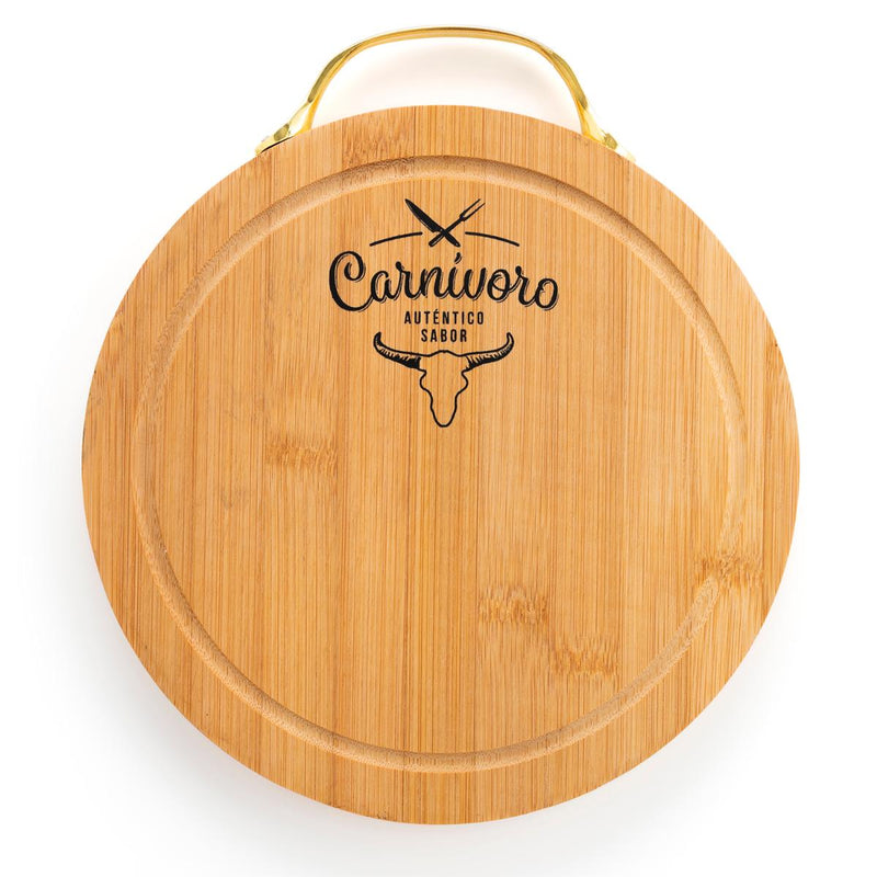 QUID Carnivoro - Tabla de Corte y Presentación Redonda en Bambú. Mango en Acero