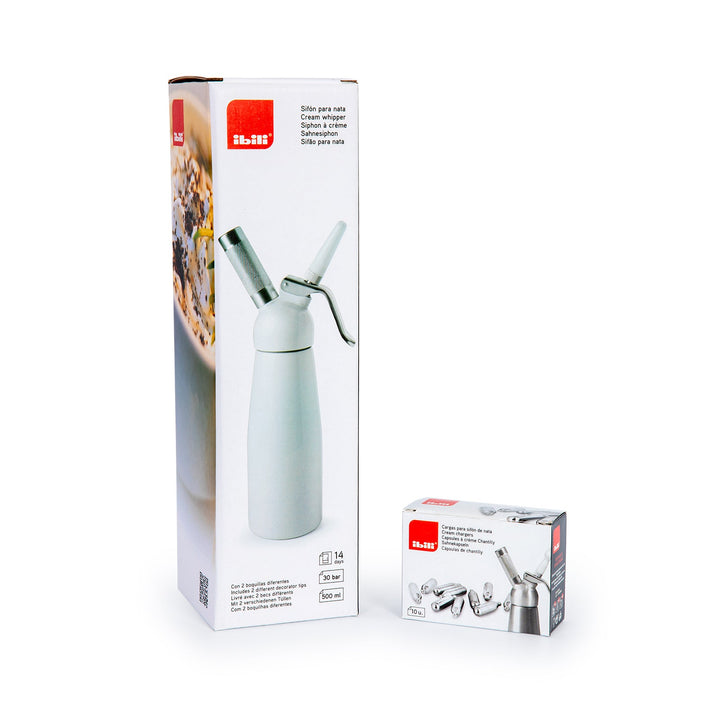 IBILI - Kit de Sifón Blanco para Nata de 0.5L en Aluminio con 3 Boquillas y 10 Cargas de N20