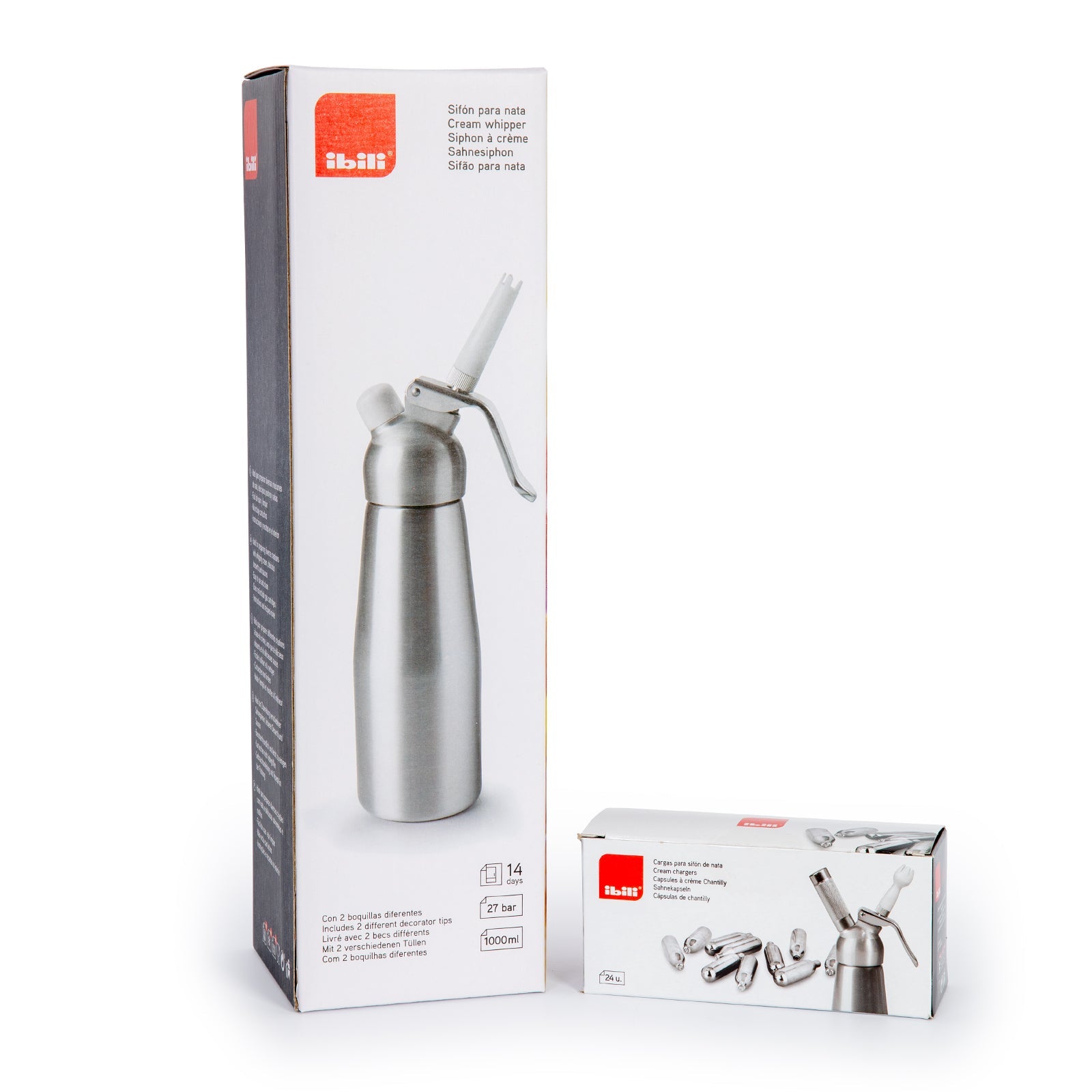 IBILI - Kit de Sifón para Nata de 1L en Aluminio con 3 Boquillas y 24 Cargas de N20