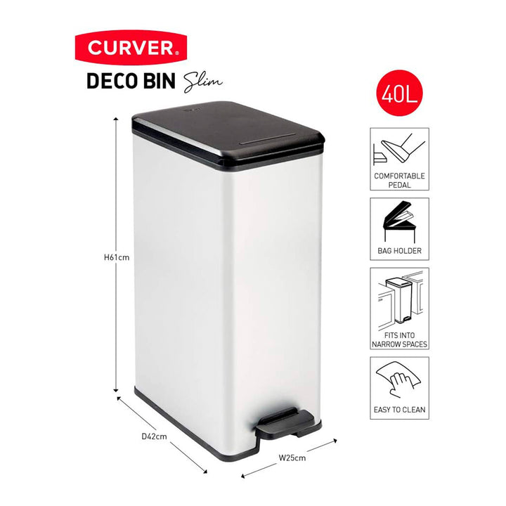 Curver Deco Slim - Cubo de Basura de Apertura a Pedal y Soporte de Bolsa 25L/40L