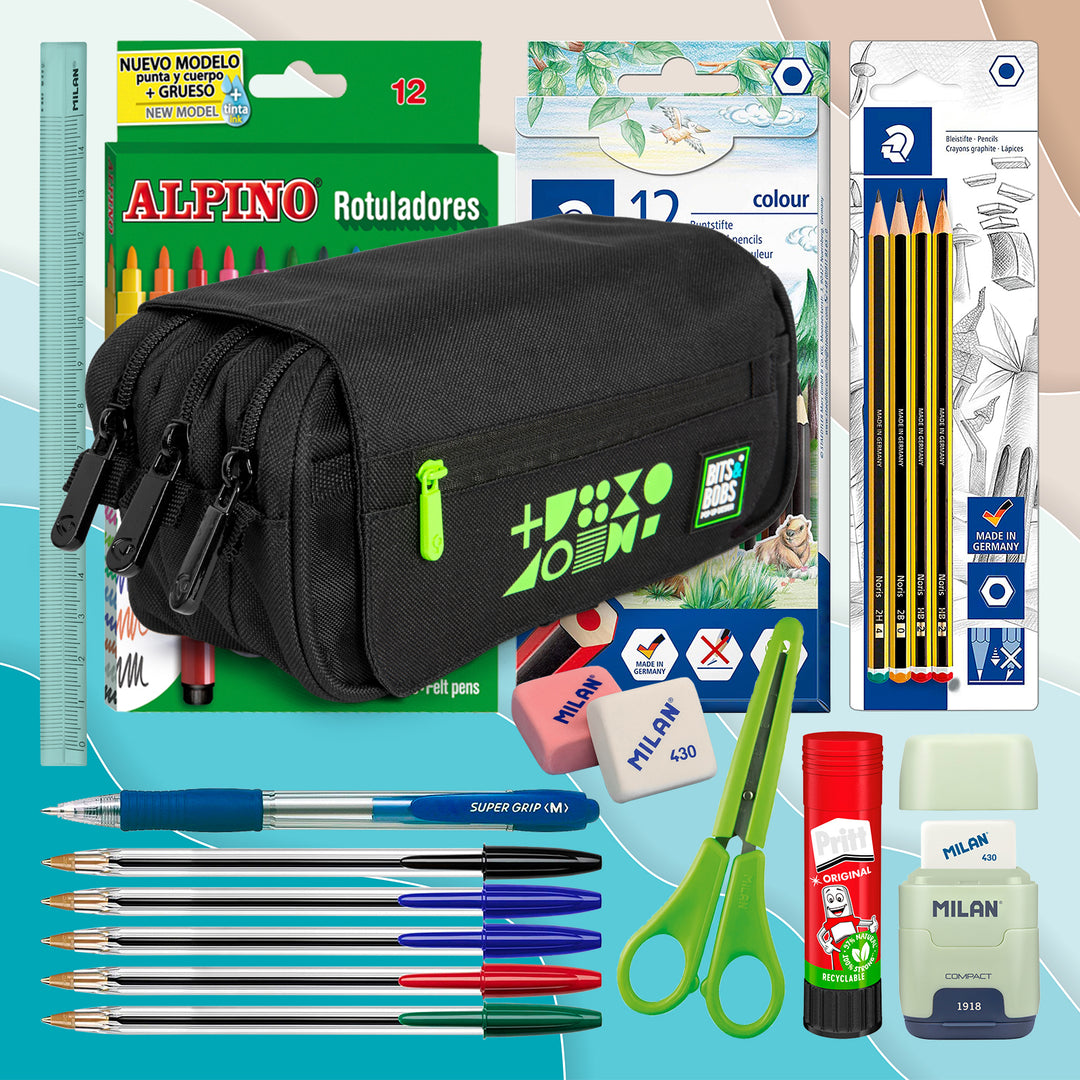 Grafoplás Fluor - Estuche Portatodo Triple con Solapa para Material Escolar. Verde