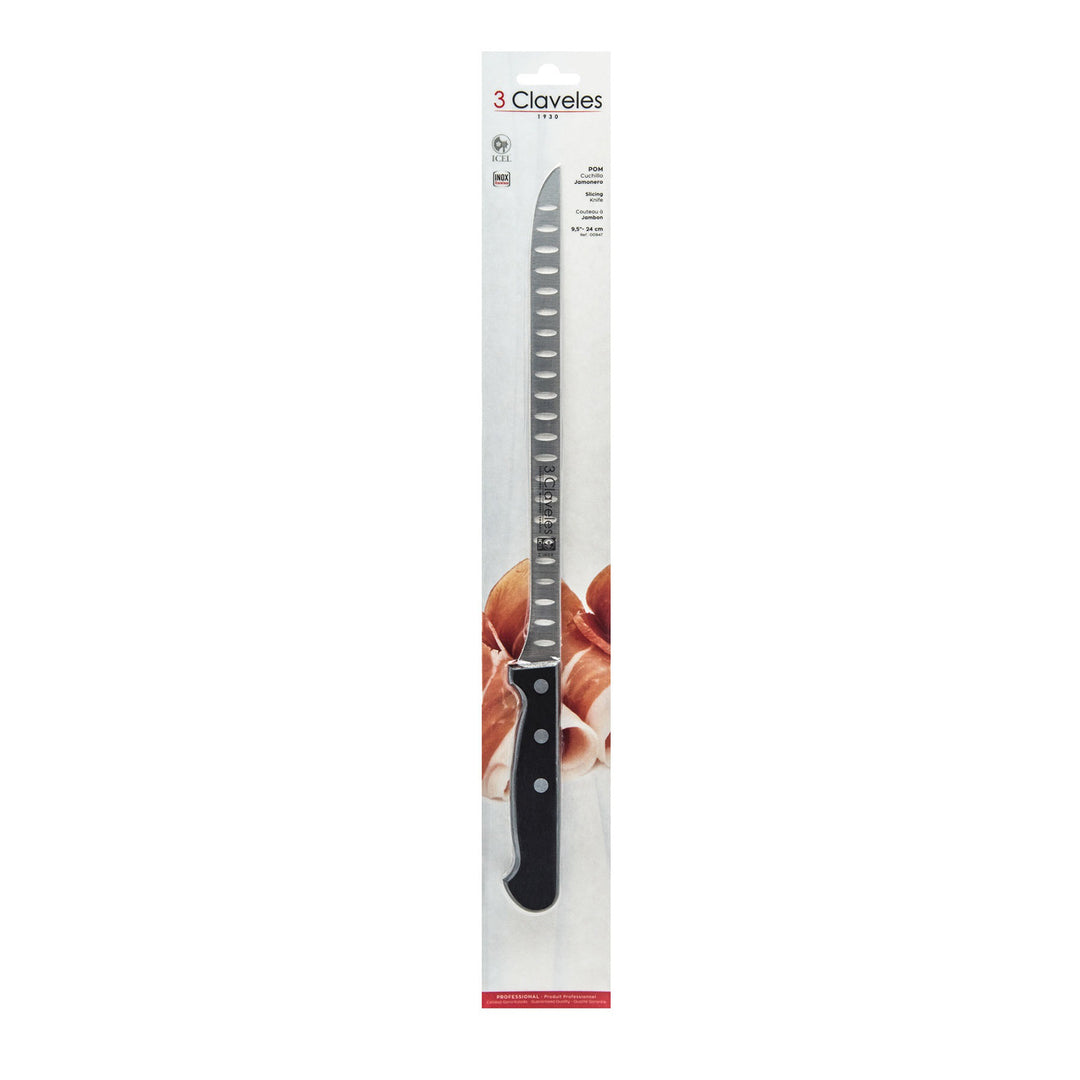 3 Claveles POM - Cuchillo Jamonero Alveolado Profesional 24 cm Acero Inoxidable