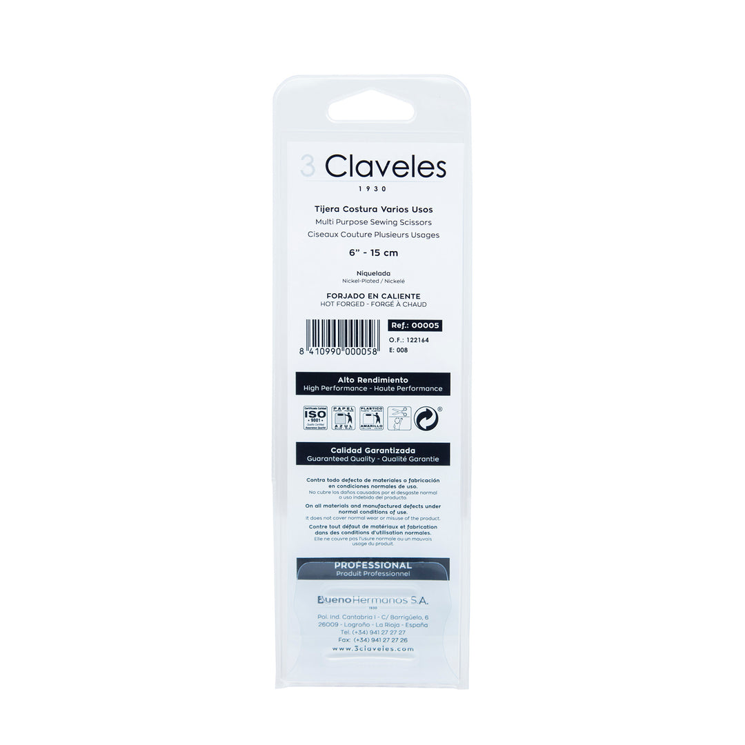 3 Claveles - Tijeras de Costura Profesionales Tipo Castellanas, Varios Usos, 15 cm - 6"
