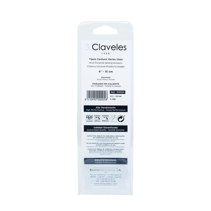 3 Claveles - Tijeras de Costura Profesionales Tipo Castellanas, Varios Usos, 15 cm - 6"