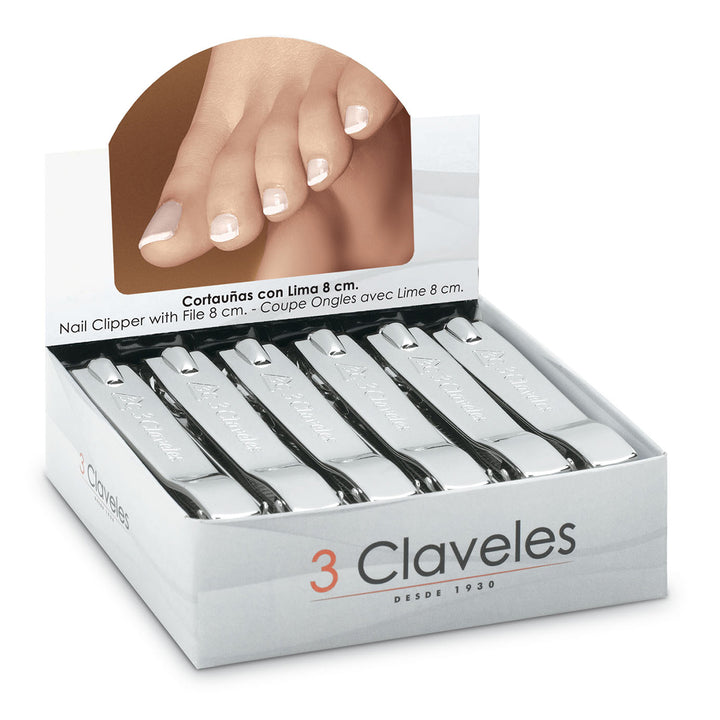 3 Claveles - Lote 2 Cortauñas Cromados con Lima Para Manos y Pies. Acabado Metálico, 8 cm