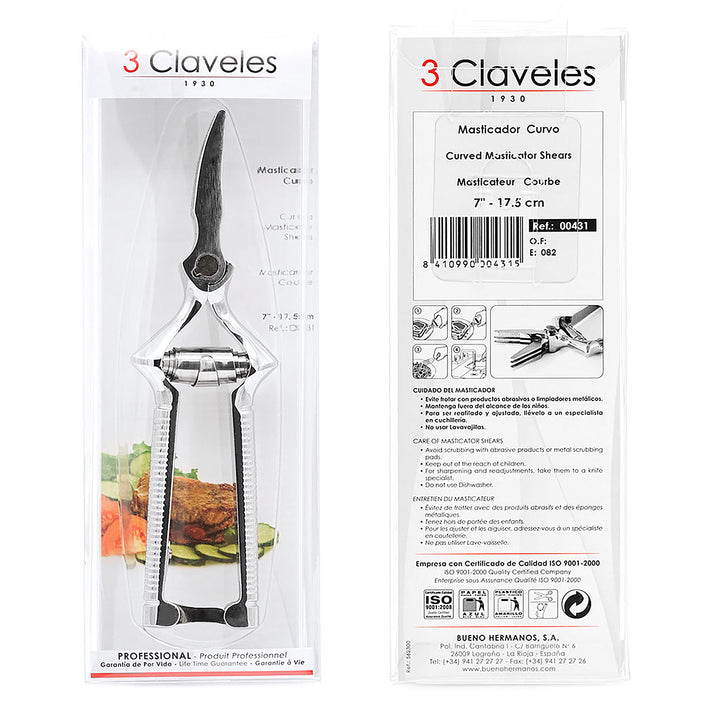 3 Claveles 431 - Masticador Curvo Desmontable Acero Cromado Forjado 7" 18 cm