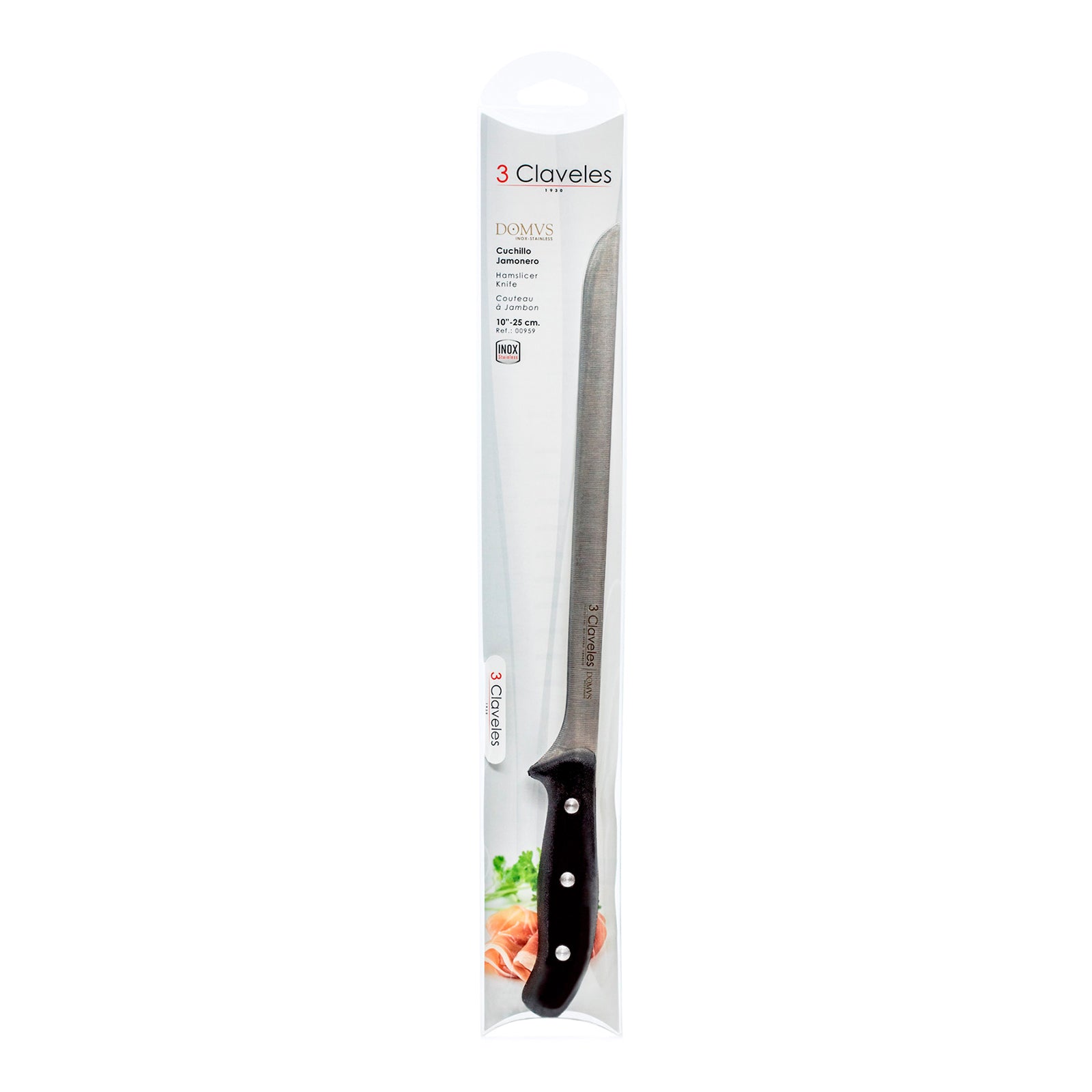 3 Claveles Domus - Cuchillo Profesional Jamonero de 25 cm en Acero Inoxidable
