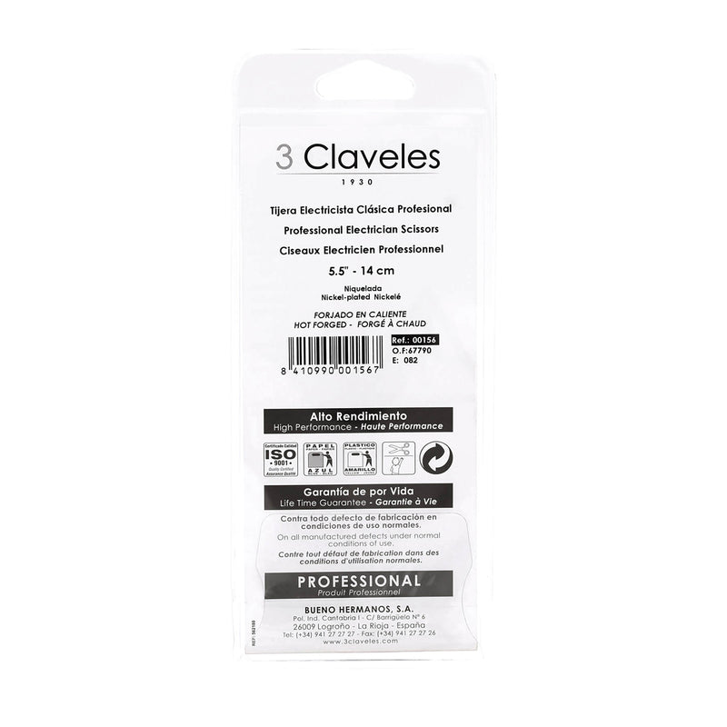 3 CLAVELES 00156 - Tijeras de Electricista Profesionales, Clásicas, 14 cm - 5.5"