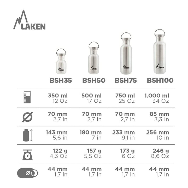 LAKEN Basic Steel Vintage - Botella de Agua 0.35L en Acero Inoxidable con Asa. Plata