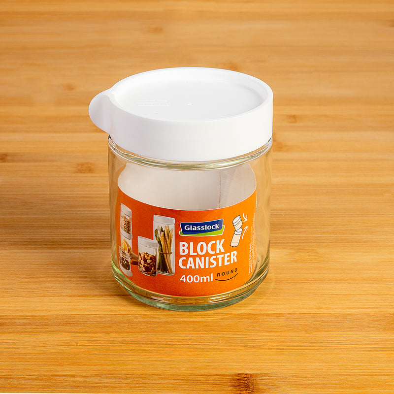 Glasslock Block Canister - Bote de Cocina Redondo de 0.4L en Vidrio Templado