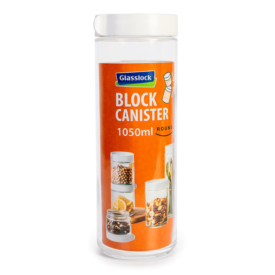 Glasslock Block Canister - Bote de Cocina Redondo de 1L en Vidrio Templado