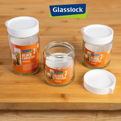 Glasslock Block Canister - Bote de Cocina Redondo de 0.4L en Vidrio Templado