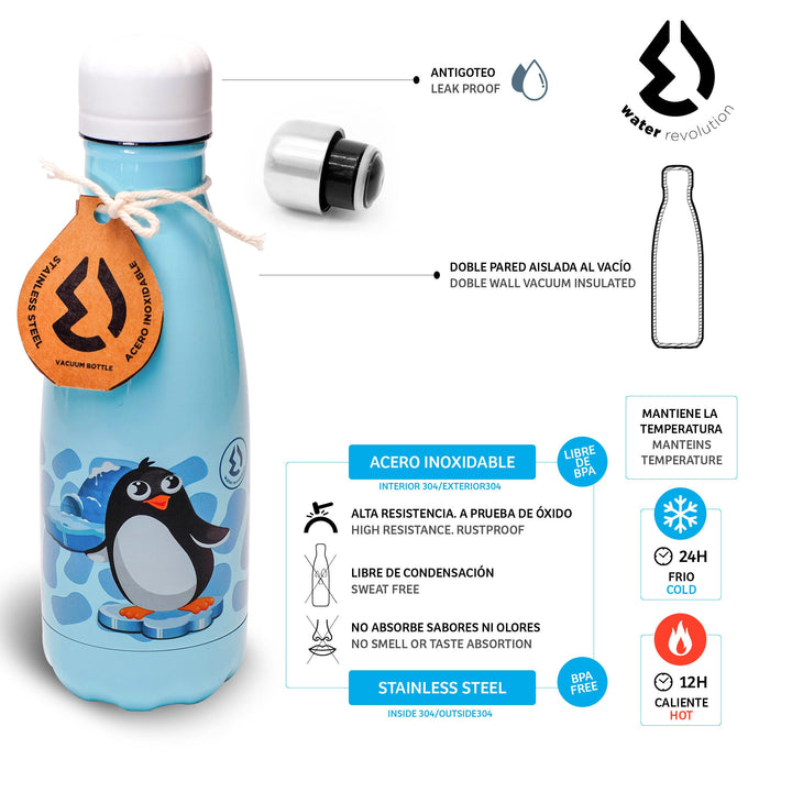 Water Revolution - Botella Térmica Infantil de Acero Inoxidable 350 ml. Kids Pinguinos