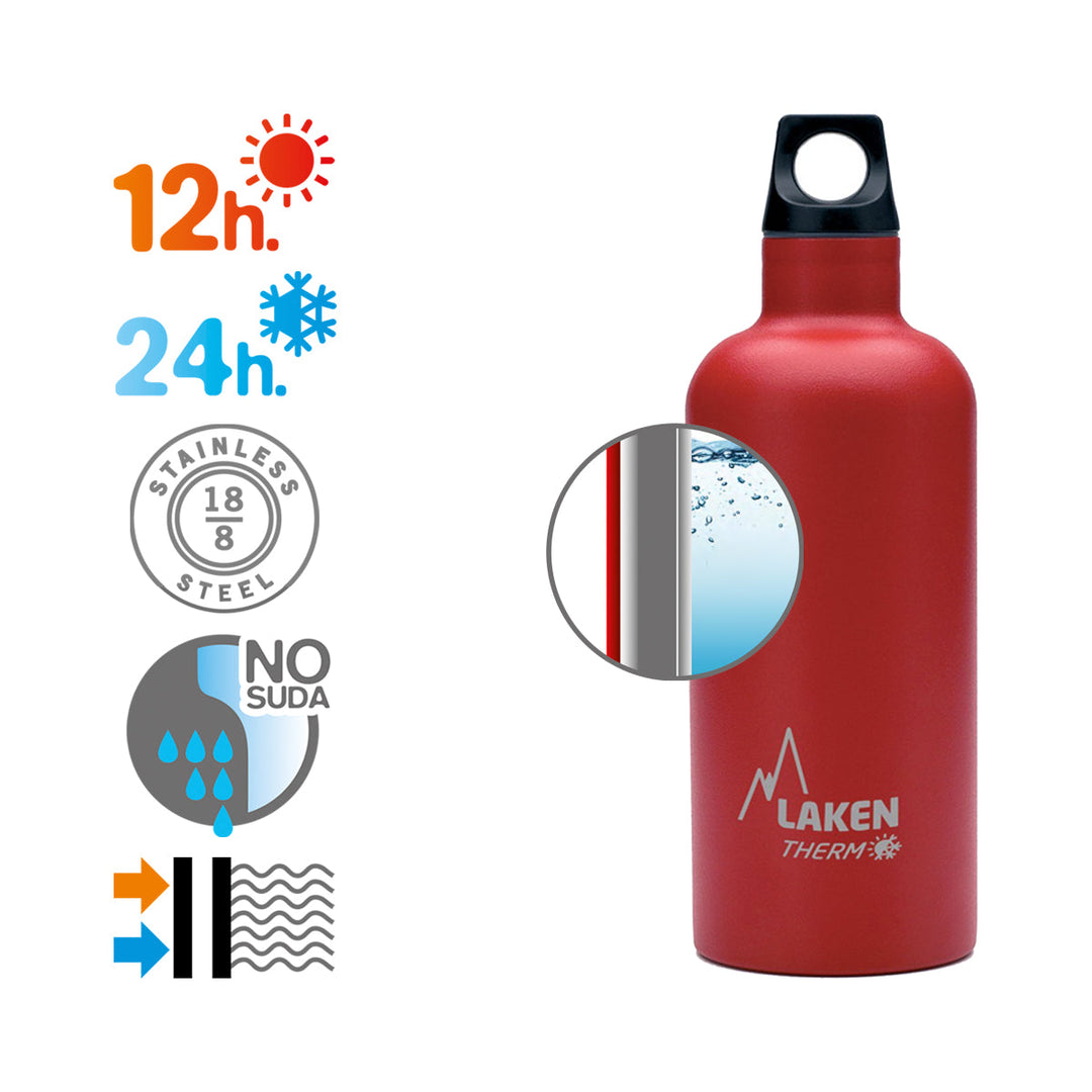 LAKEN Futura - Botella Térmica de Boca Estrecha 0.5L en Acero Inoxidable. Rojo