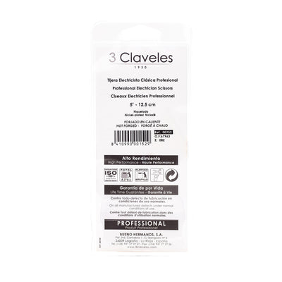 3 CLAVELES 00152 - Tijeras de Electricista Profesionales, Clásicas, 12.5 cm - 5"