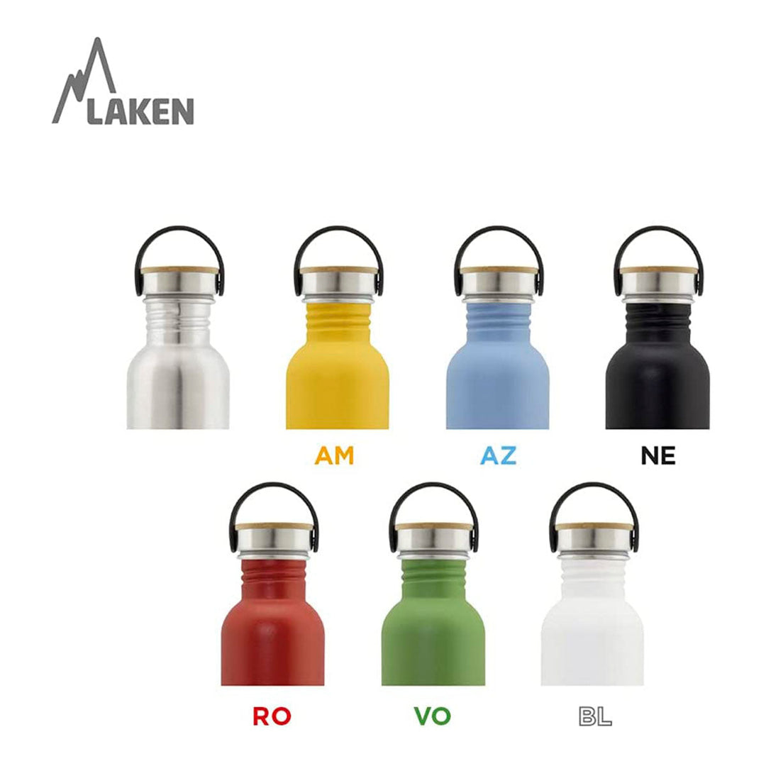 LAKEN Basic Steel Bambú - Botella de Agua 0.35L en Acero Inoxidable con Asa. Blanco