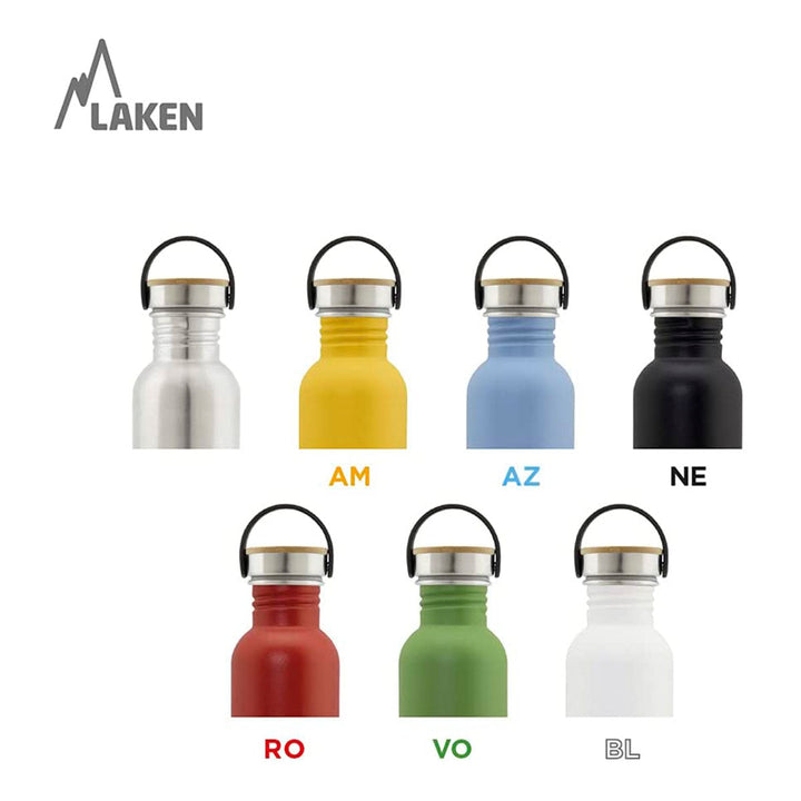 LAKEN Basic Steel Bambú - Botella de Agua 0.35L en Acero Inoxidable con Asa. Negro