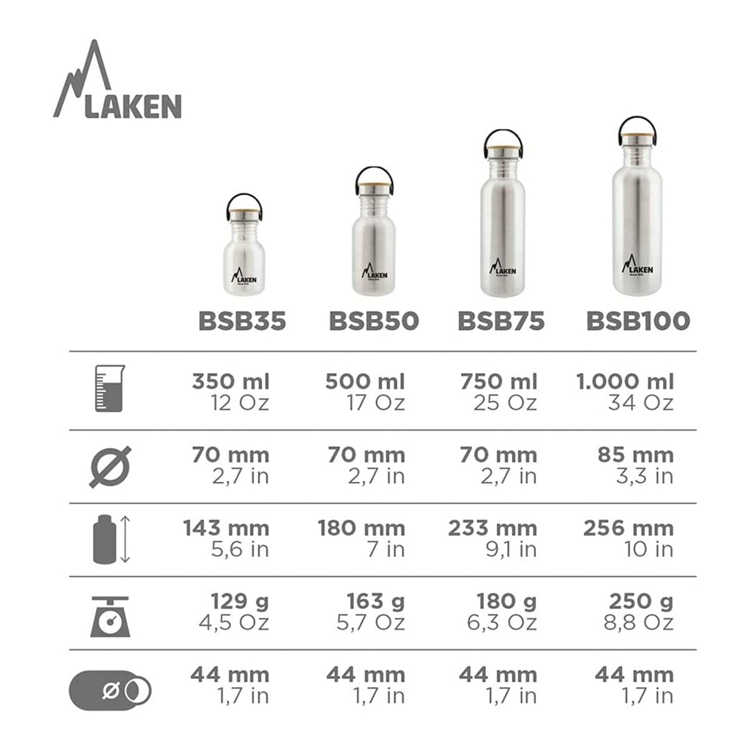 LAKEN Basic Steel Bambú - Botella de Agua 0.35L en Acero Inoxidable con Asa. Rojo