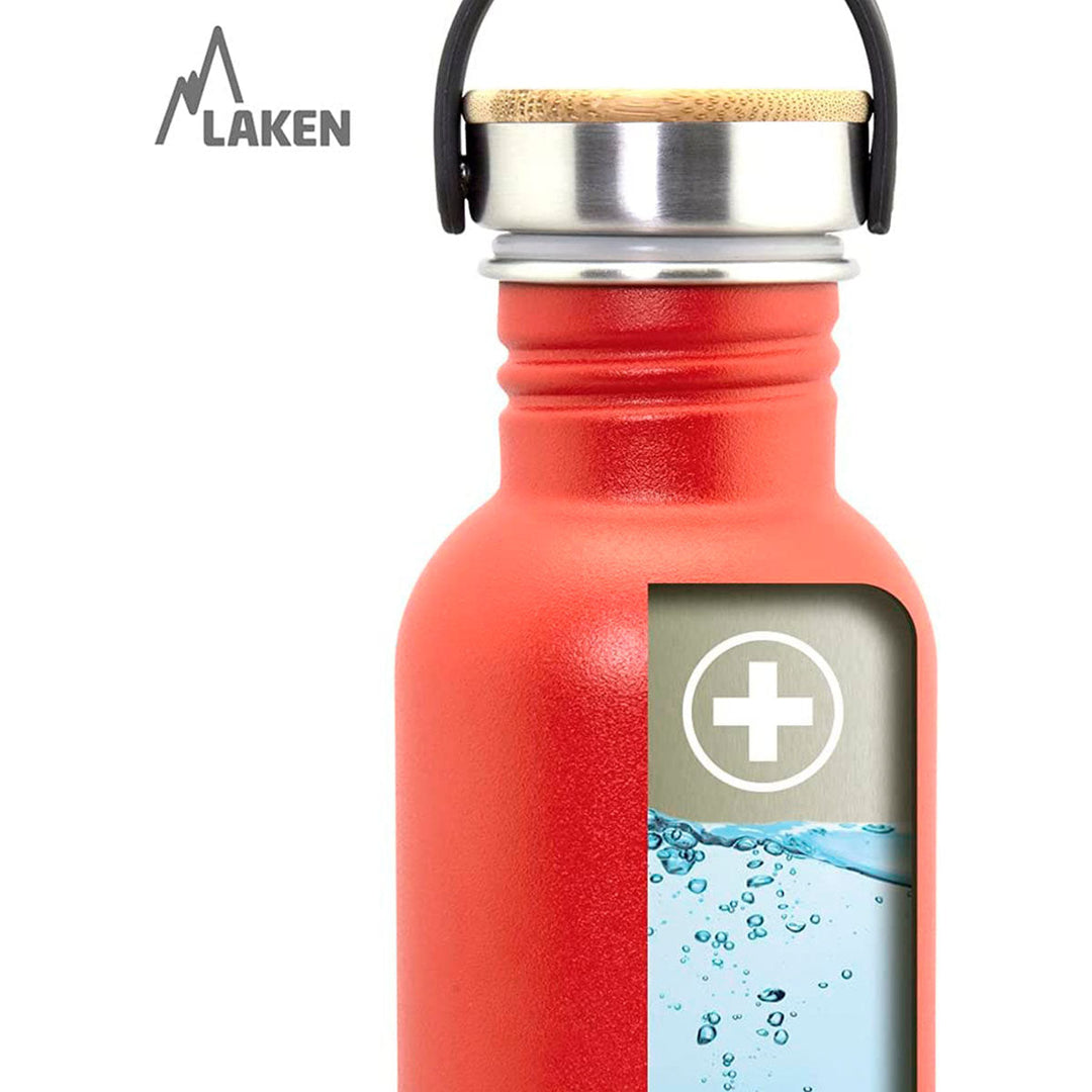 LAKEN Basic Steel Bambú - Botella de Agua 0.35L en Acero Inoxidable con Asa. Blanco