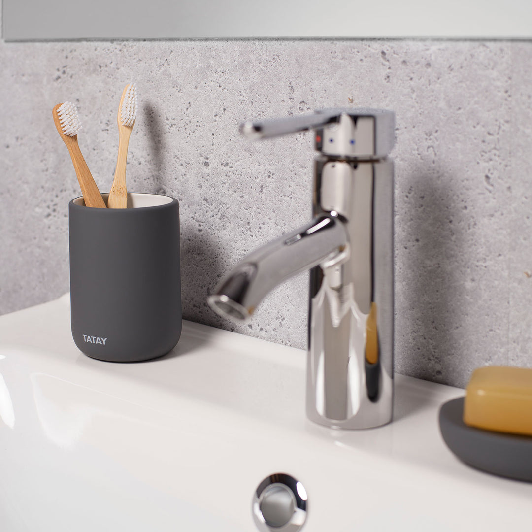 TATAY Soft - Vaso Porta Cepillos de Baño en Cerámica con Tacto Suave. Gris Antracita