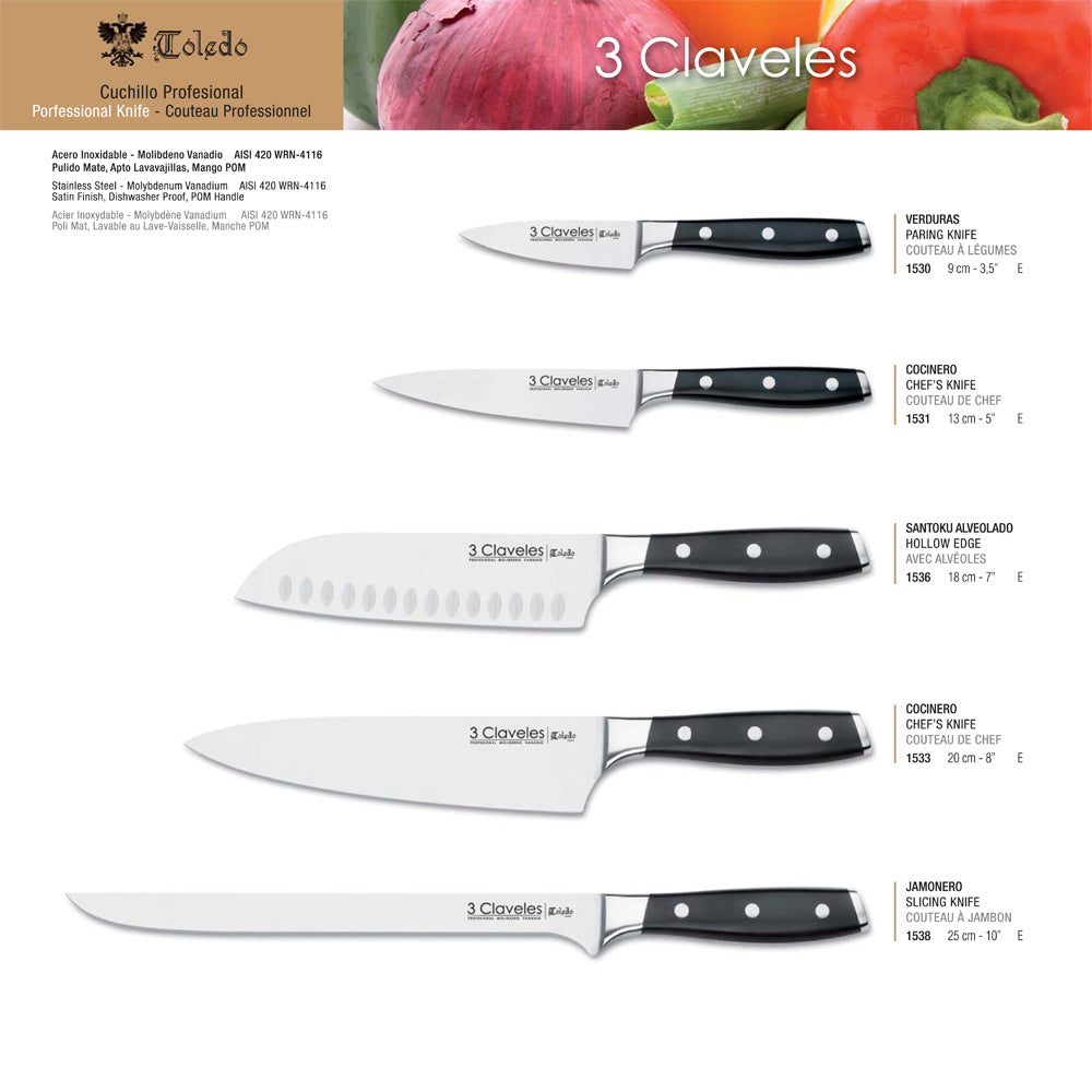 3 Claveles Toledo Set Couteaux Cuisine (Legumes 9 cm + Santoku 18 cm + Chef  20 cm)