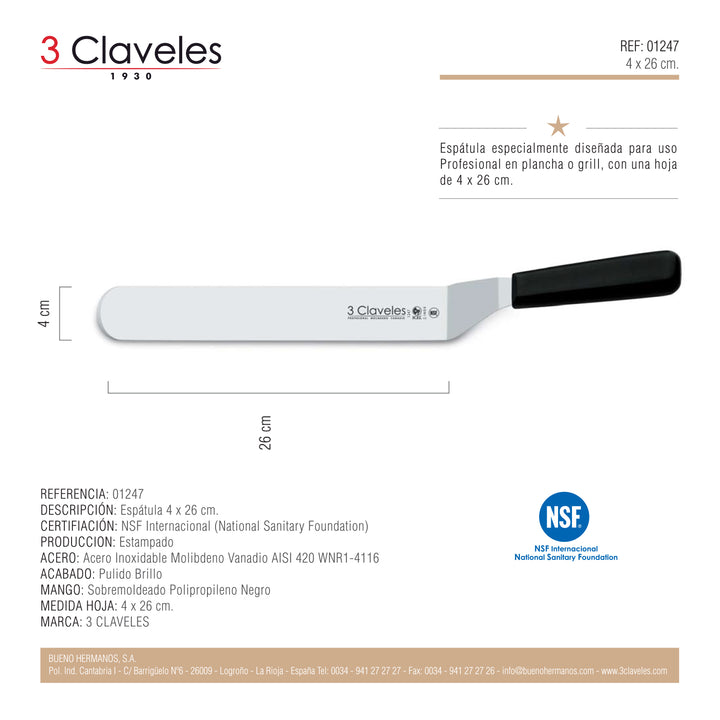 3 Claveles Proflex - Espátula Profesional Curvada y Flexible 26 cm Microban. Negro