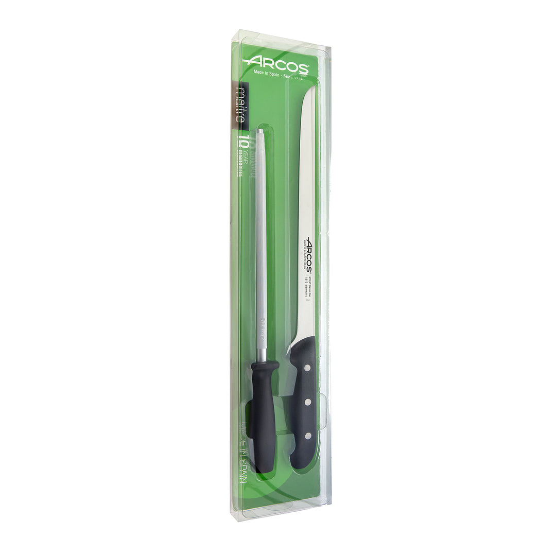 ARCOS Maitre - Set Jamonero Profesional en Acero Inoxidable NITRUM y Chaira de 23 cm